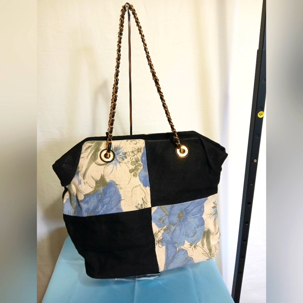 Floral Patchwork Tote Bag - Black and Blue
